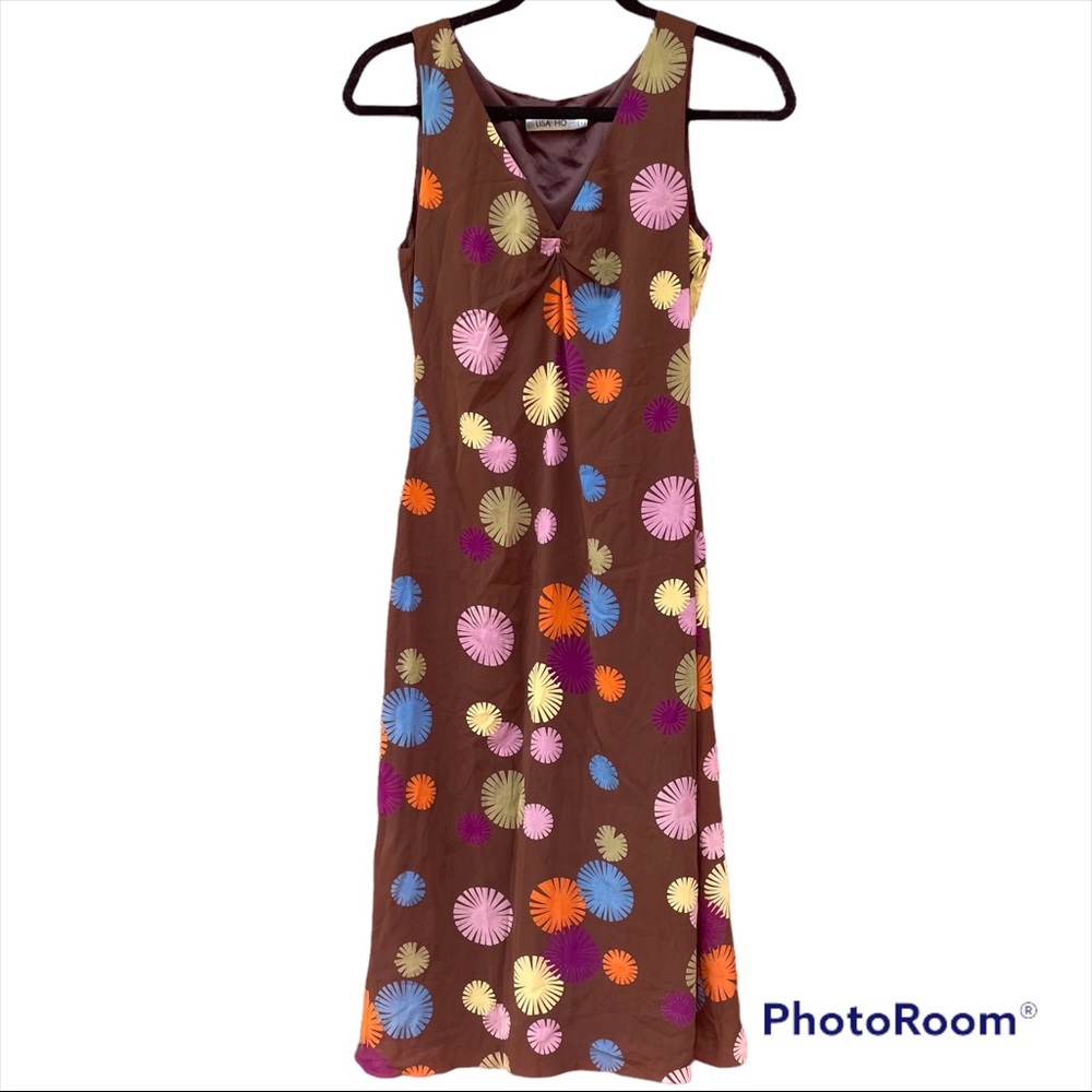 Vintage Lisa Ho 80s Silk Retro Chocolate Brown Dress with Colorful Detailing